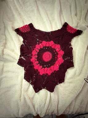 ZARA Burgundy and Pink Mandala Crochet Cap Sleeve Top